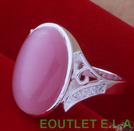 LARGE PINK CRT CAT EYE STONE SILVER DRESS RING-size 7